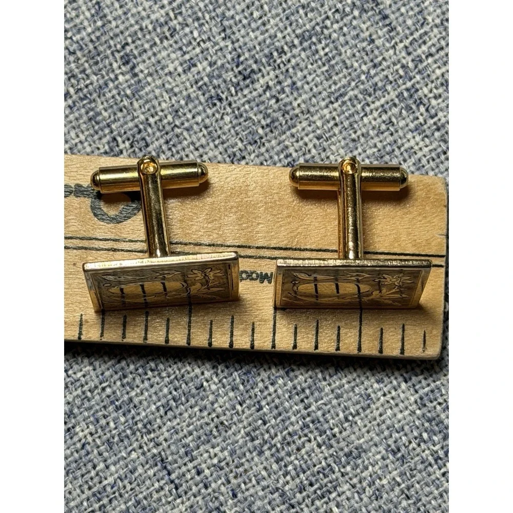Vintage Etched Rectangular Spring Bullet Gold Tone Cuff Links